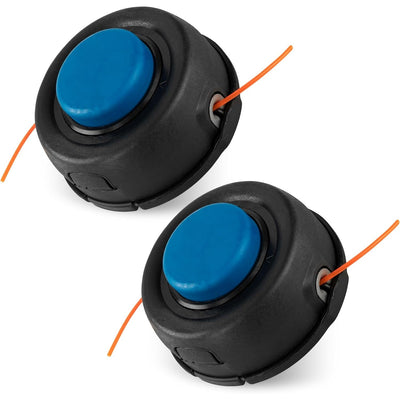 Two T35 trimmer heads with blue bump knobs and prewound 0.095 inch orange line for Husqvarna trimmers.