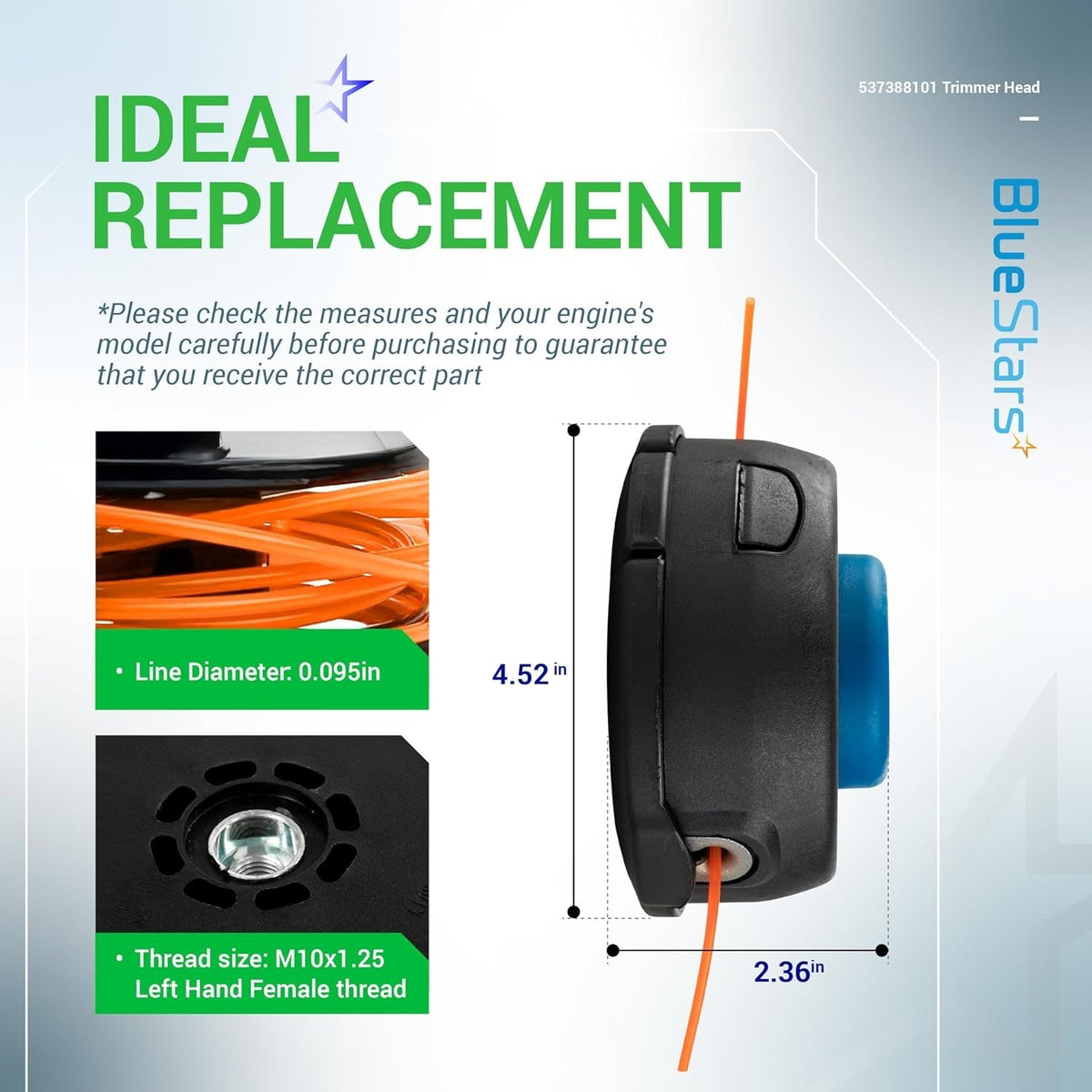 T35 trimmer head replacement showing dimensions, 0.095-inch line, and M10x1.25 LH thread specifications.