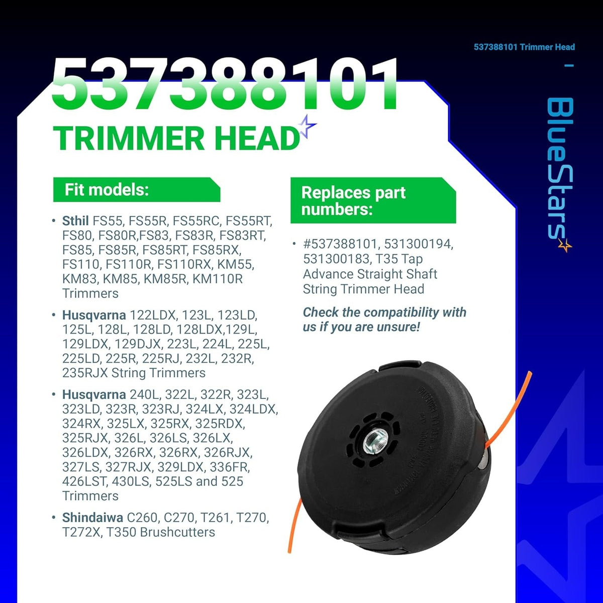 Infographic showing T35 trimmer head compatibility and replacement part number 537388101 for string trimmers.