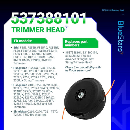 Infographic showing T35 trimmer head compatibility and replacement part number 537388101 for string trimmers.