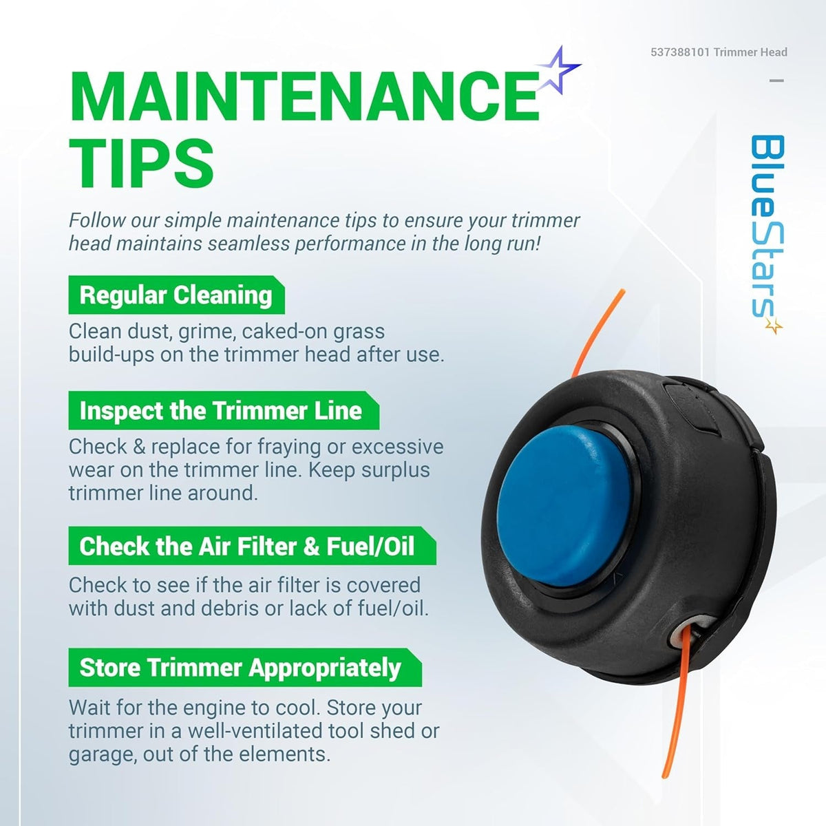 Infographic showing maintenance tips for T35 trimmer head replacement part 537388101.