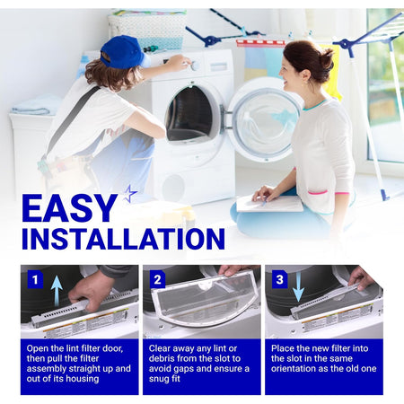 WE03X23881 dryer lint filter installation graphic showing removal, cleaning, and replacement steps