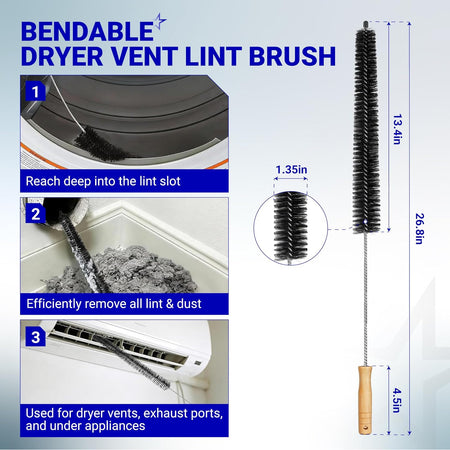 WE03X23881 Dryer Lint Filter: bendable lint brush with 26.8in length, 13.4in bristles and 4.5in handle