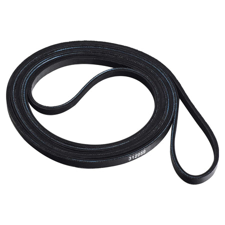 Black replacement dryer belt WPY312959 for Whirlpool and Maytag dryers coiled on a white background.