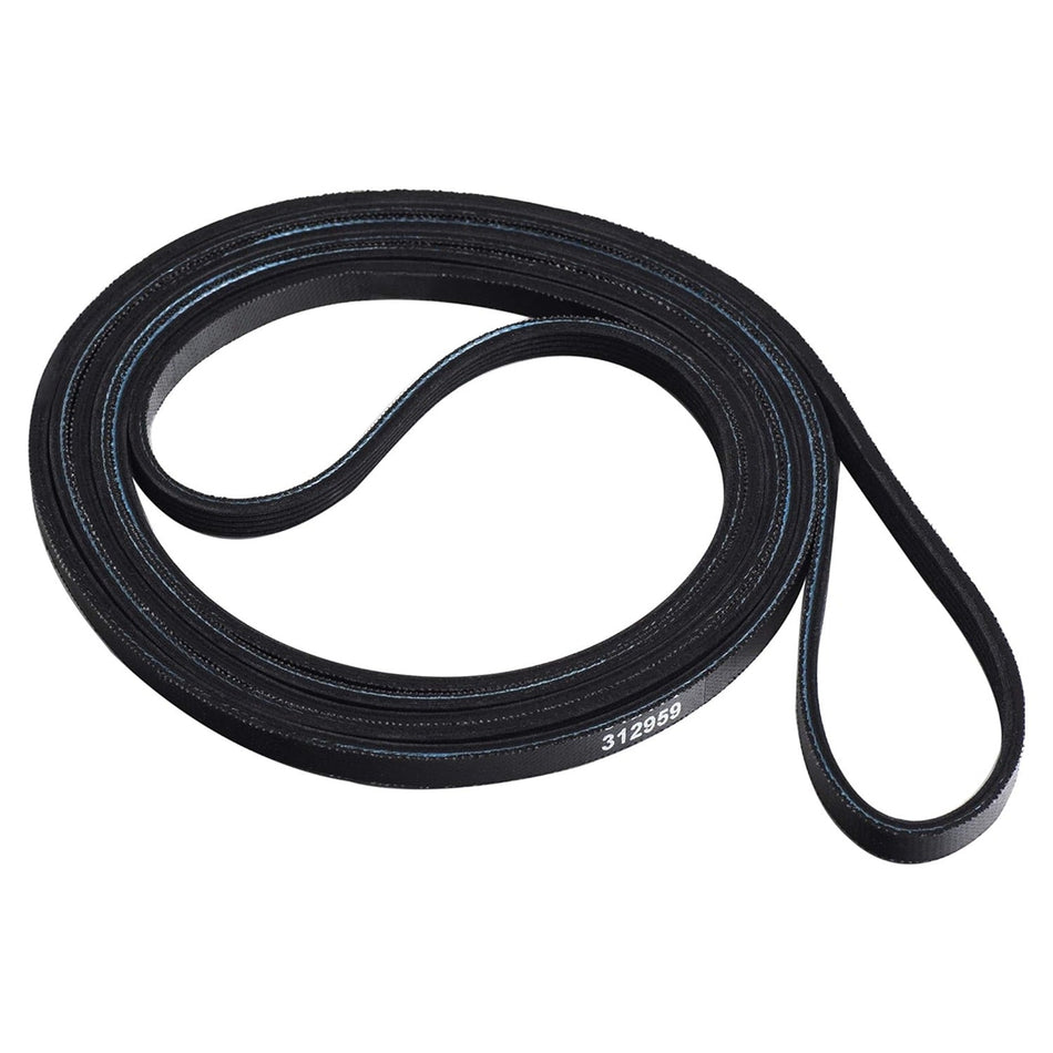 Black replacement dryer belt WPY312959 for Whirlpool and Maytag dryers coiled on a white background.