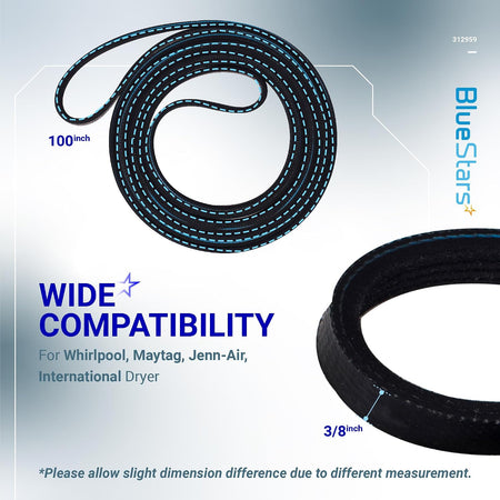 WPY312959 Dryer Belt product graphic showing coiled belt with 100-inch length and 3/8-inch width labels