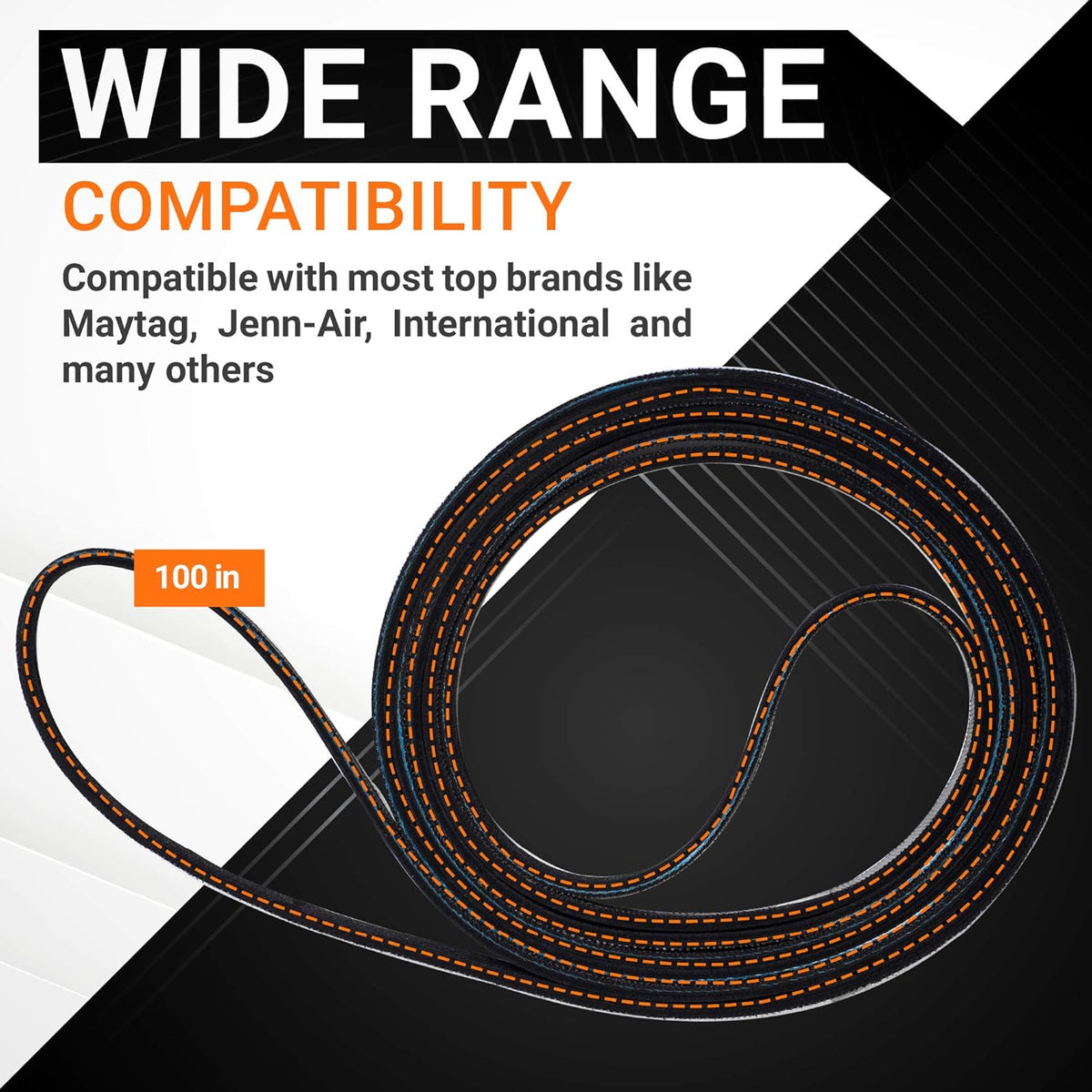 100-inch WPY312959 dryer belt showing wide compatibility for Whirlpool and Maytag dryers.