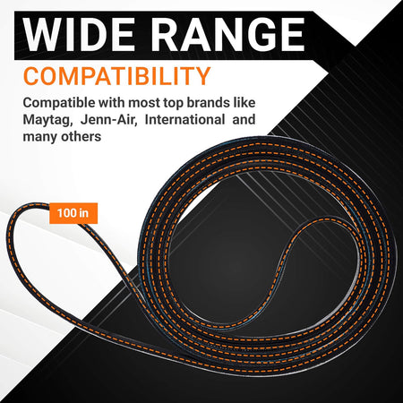 100-inch WPY312959 dryer belt showing wide compatibility for Whirlpool and Maytag dryers.