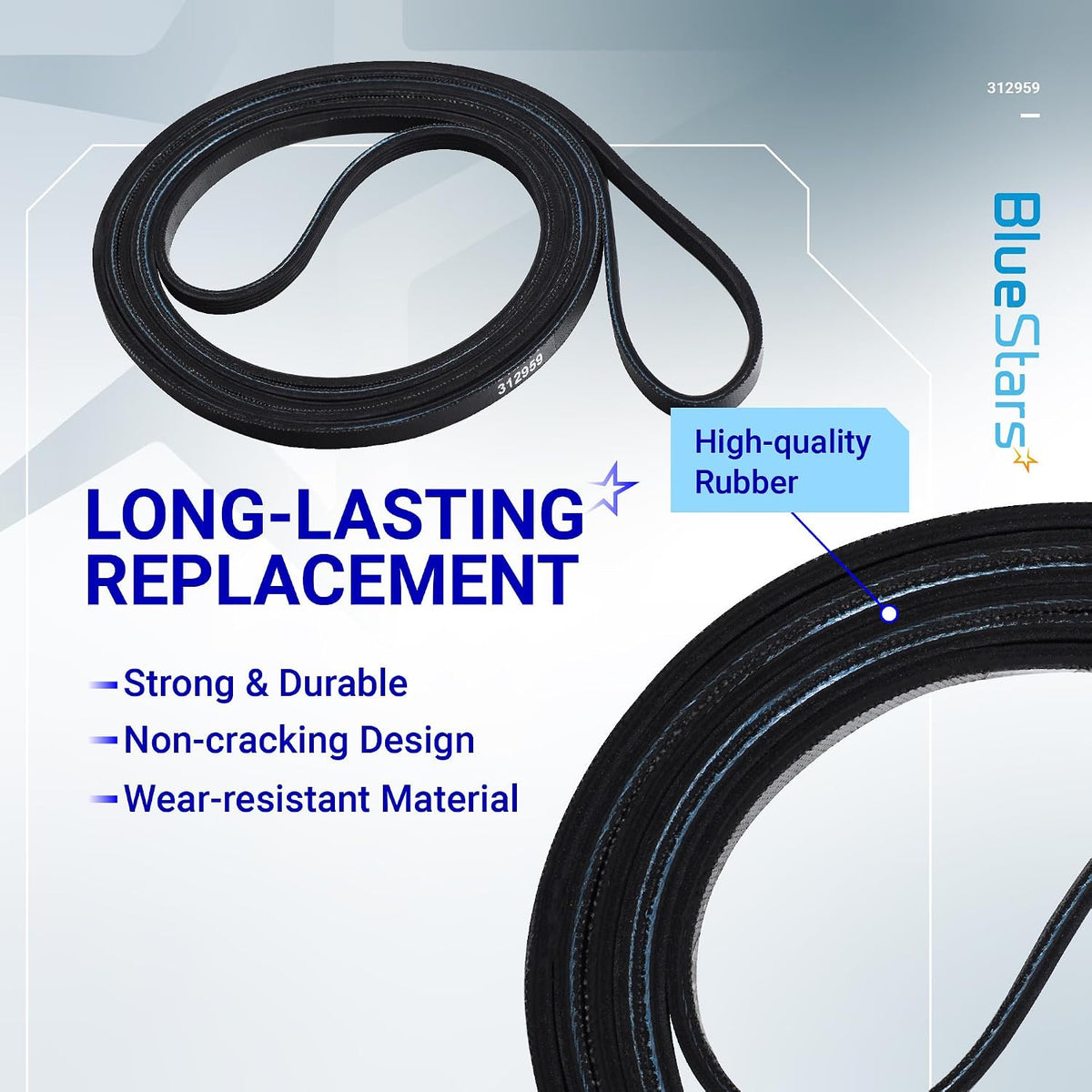 WPY312959 dryer belt shown coiled with a close-up highlighting its rubber surface