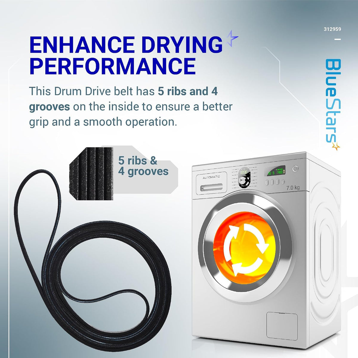WPY312959 Dryer Belt - Graphic showing the belt with 5 ribs and 4 grooves beside a dryer