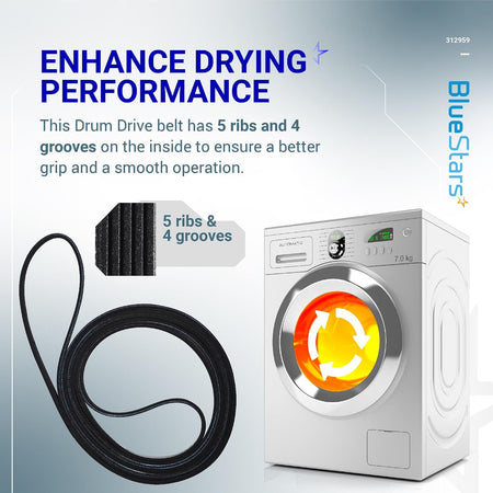 WPY312959 Dryer Belt - Graphic showing the belt with 5 ribs and 4 grooves beside a dryer