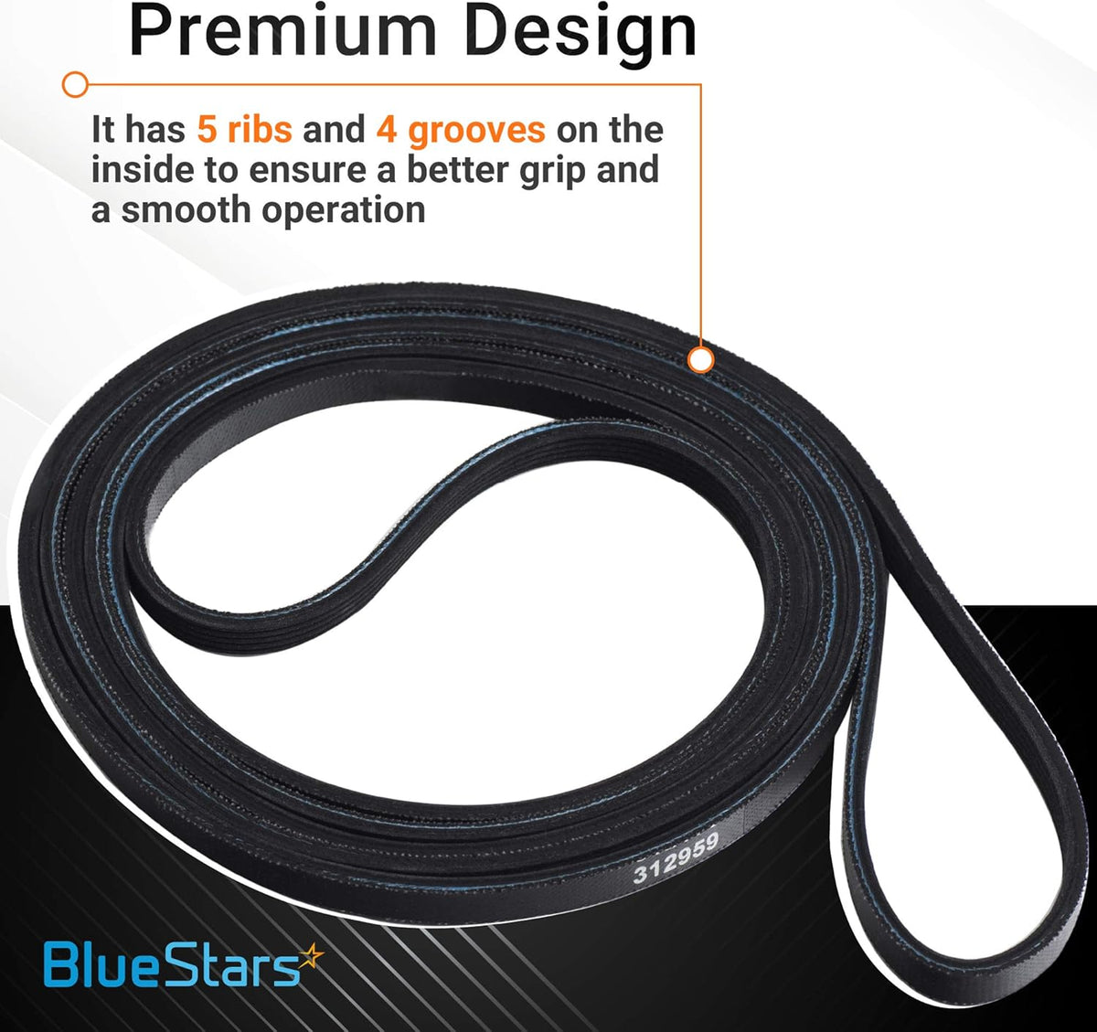 WPY312959 dryer belt showing 5-rib design for Whirlpool and Maytag dryers with 312959 part number detail.