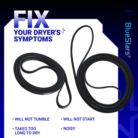 WPY312959 Dryer Belt graphic showing belt images and symptoms: won't tumble, won't start, slow drying, noisy