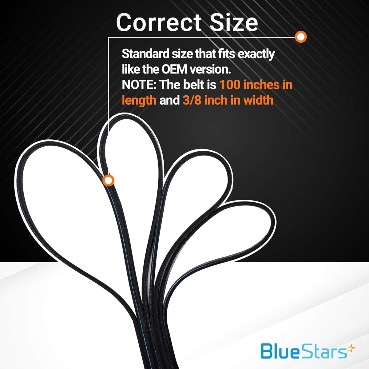 Infographic showing 100-inch length and 3/8-inch width specifications for WPY312959 Whirlpool and Maytag dryer belt.