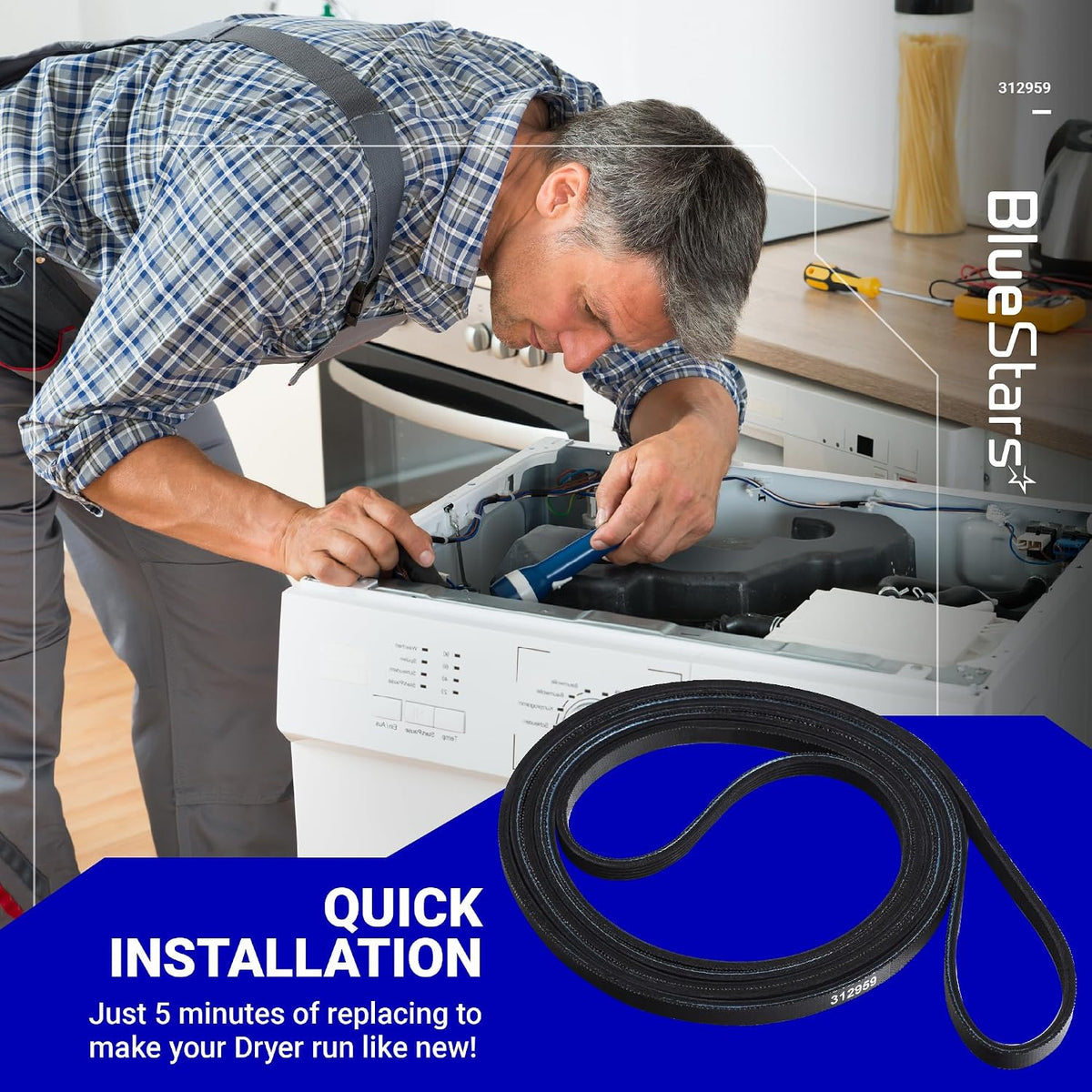 WPY312959 Dryer Belt shown with a technician installing it in an open dryer; quick installation graphic