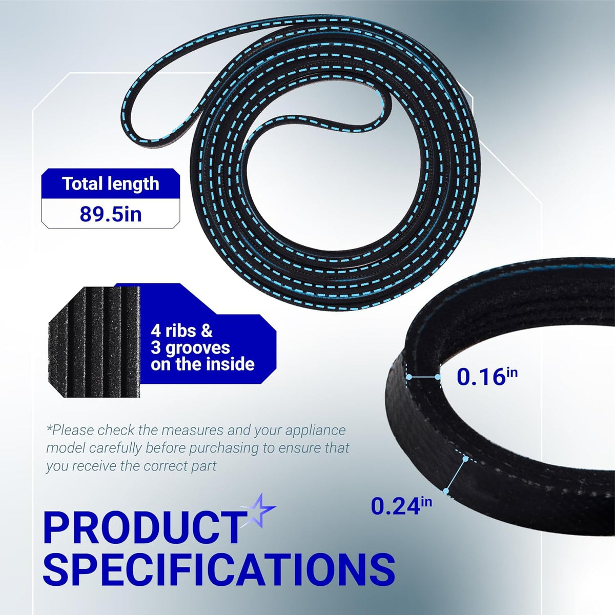 89.5-inch dryer belt replacement showing dimensions, 4 ribs, and 3 grooves for GE, Hotpoint, and Frigidaire dryers.