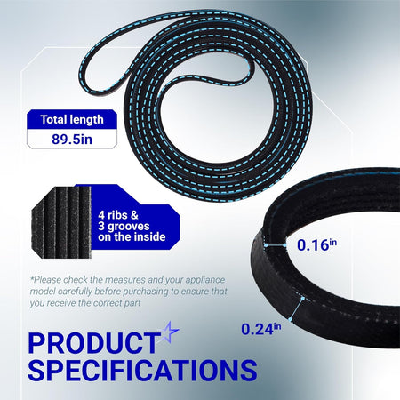 89.5-inch dryer belt replacement showing dimensions, 4 ribs, and 3 grooves for GE, Hotpoint, and Frigidaire dryers.