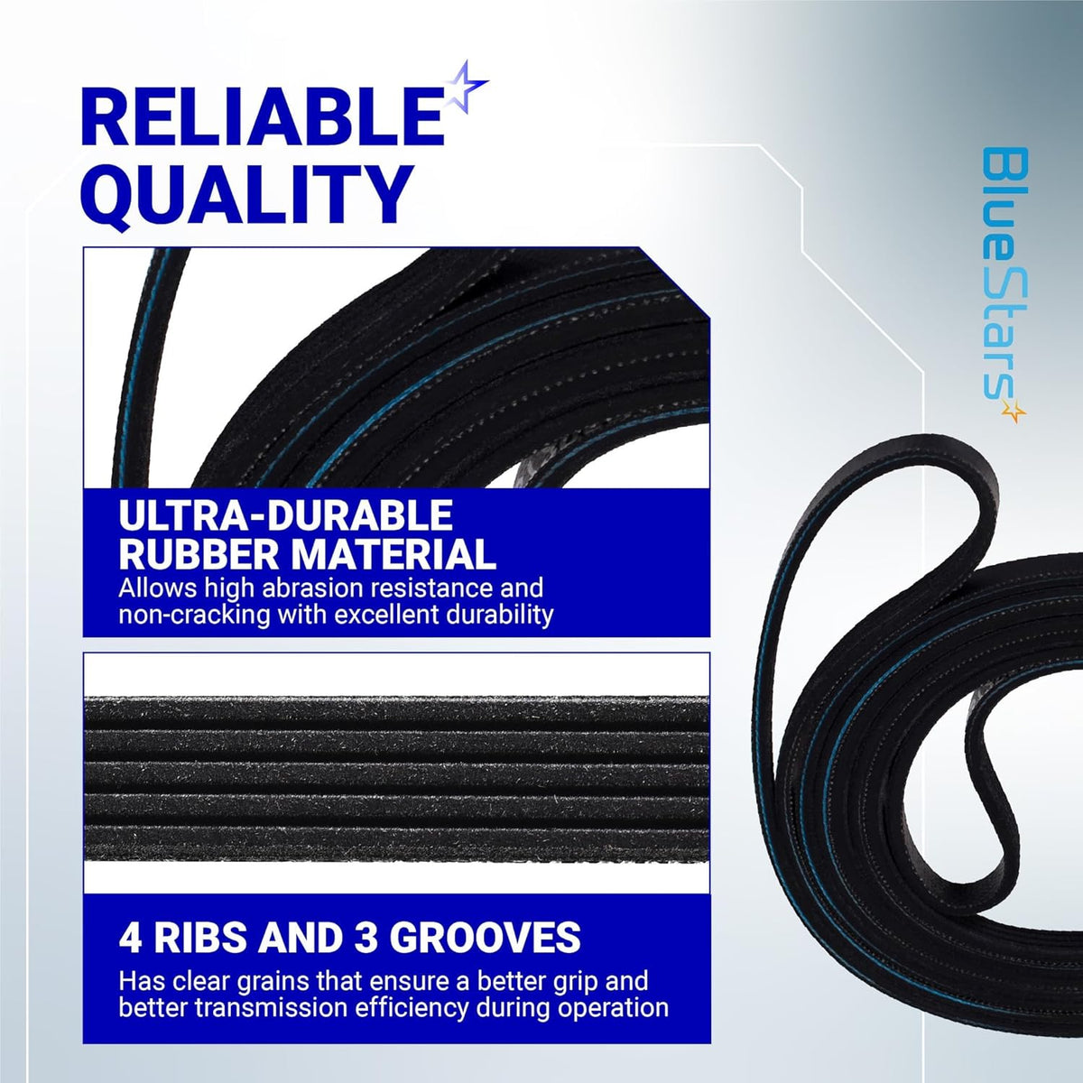 Close-up of 89.5-inch dryer belt showing durable rubber material, 4 ribs, and 3 grooves for GE and Frigidaire dryers.