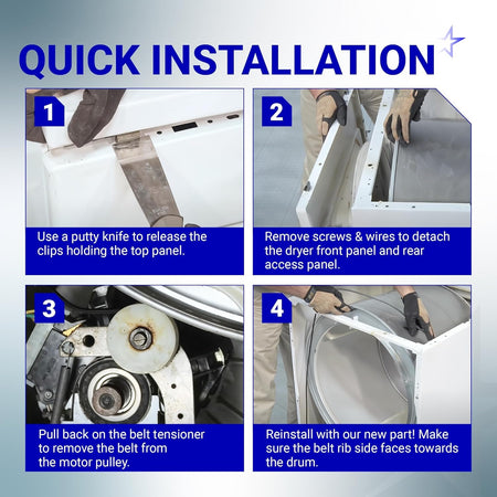 Four-step installation guide for replacing a GE and Frigidaire dryer belt with a putty knife and manual adjustment.