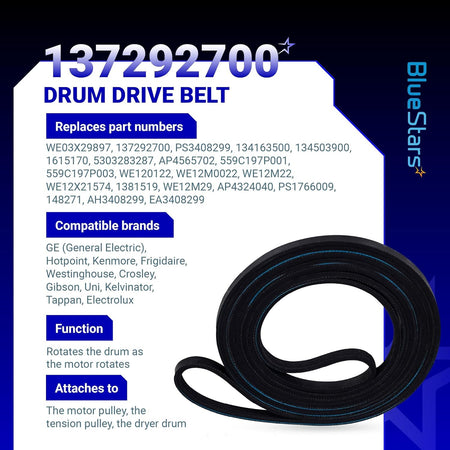 89.5-inch dryer drum drive belt replacement for GE, Hotpoint, and Frigidaire dryers with compatibility information.