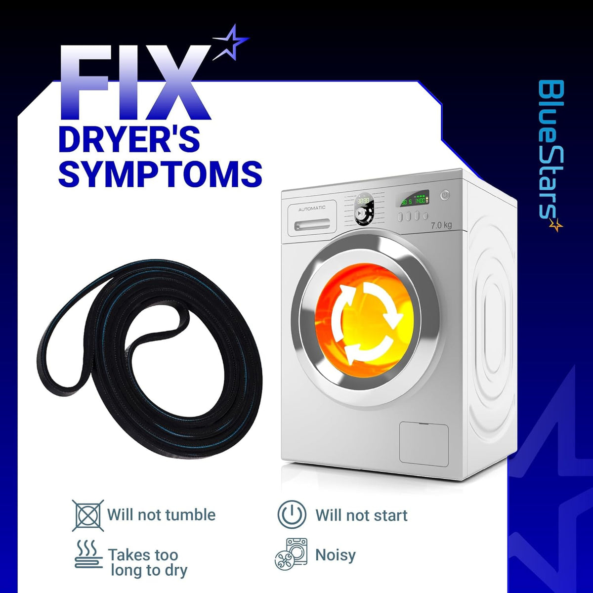 89.5-inch dryer belt replacement for GE, Hotpoint, and Frigidaire dryers to fix common tumbling and heating issues.
