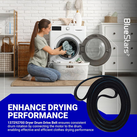89.5-inch dryer drum drive belt for GE, Hotpoint, and Frigidaire dryers, shown in a lifestyle product graphic.