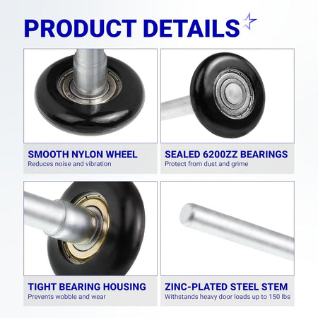 Infographic showing product details of 1.8-inch nylon garage door rollers with 6200ZZ bearings and steel stems.