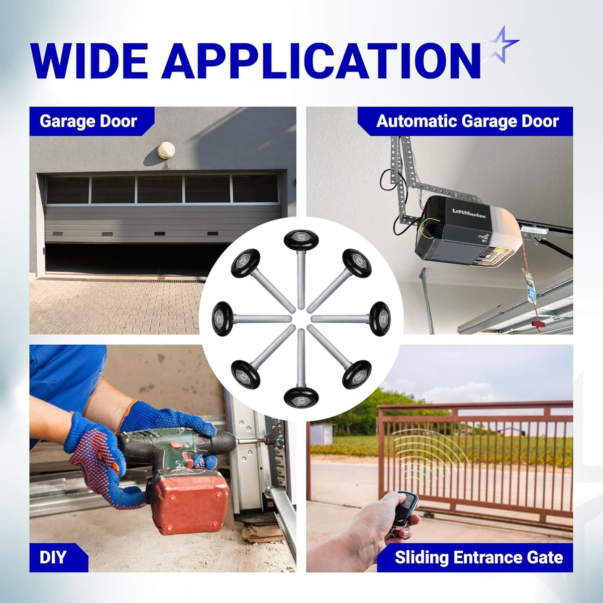 Infographic showing wide application of nylon garage door rollers for residential doors, gates, and DIY installation.