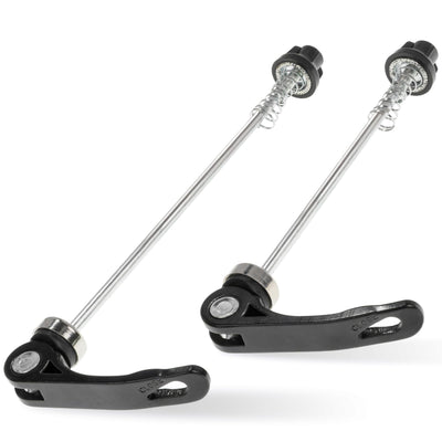 Pair of bicycle quick release skewers with black levers and metal axles for mountain and road bike wheel hubs.