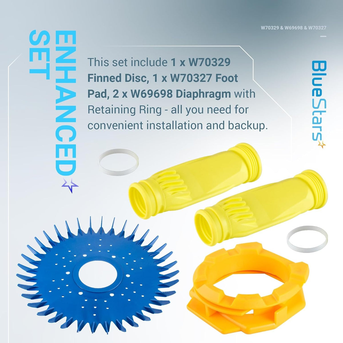Replacement kit with finned disc, foot pad, and two diaphragms for Zodiac Baracuda pool cleaners.