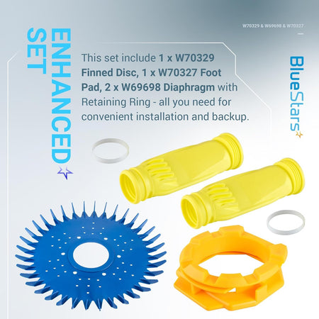 Replacement kit with finned disc, foot pad, and two diaphragms for Zodiac Baracuda pool cleaners.