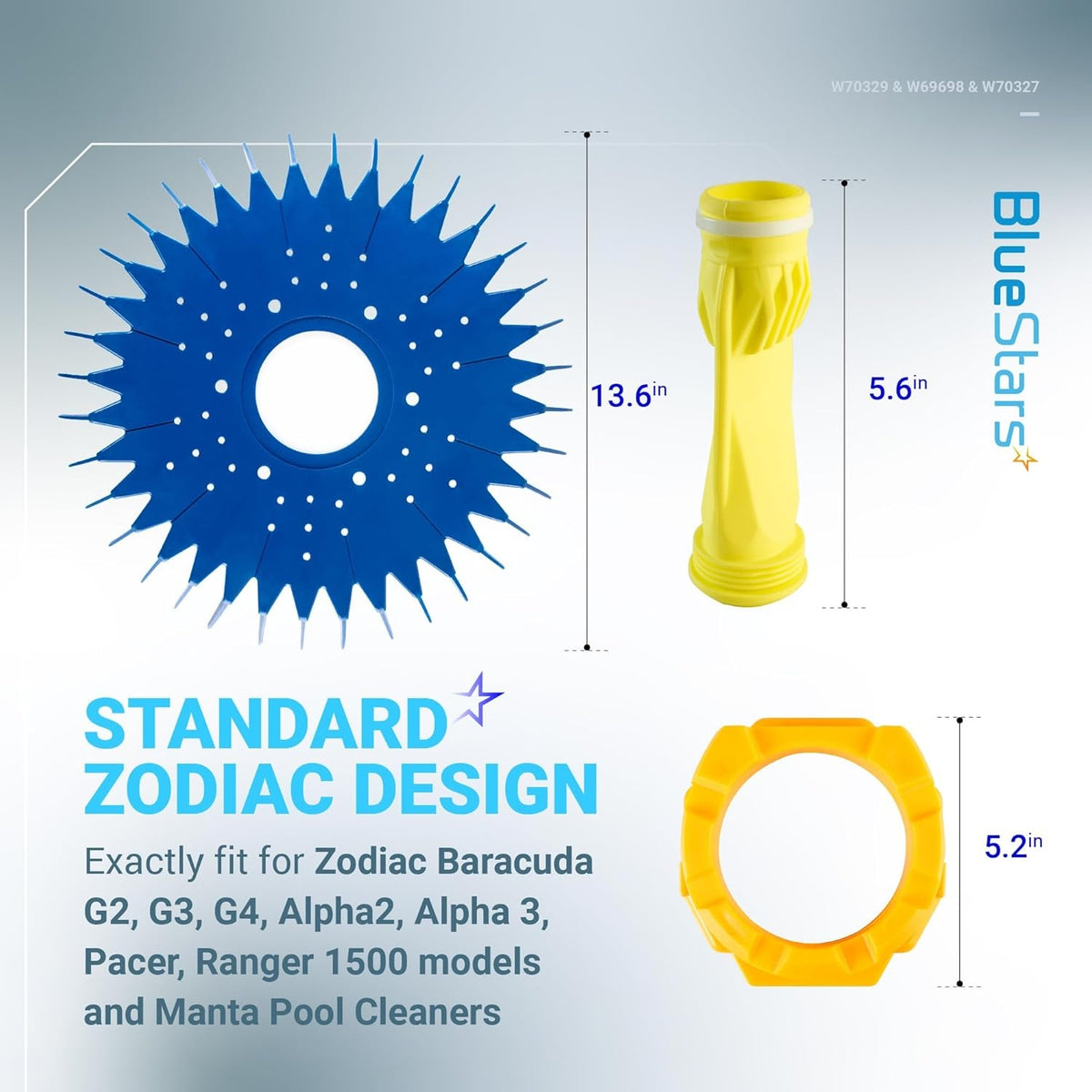 Replacement finned disc, diaphragm, and foot pad kit for Zodiac Baracuda pool cleaners with dimension labels.