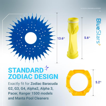 Replacement finned disc, diaphragm, and foot pad kit for Zodiac Baracuda pool cleaners with dimension labels.