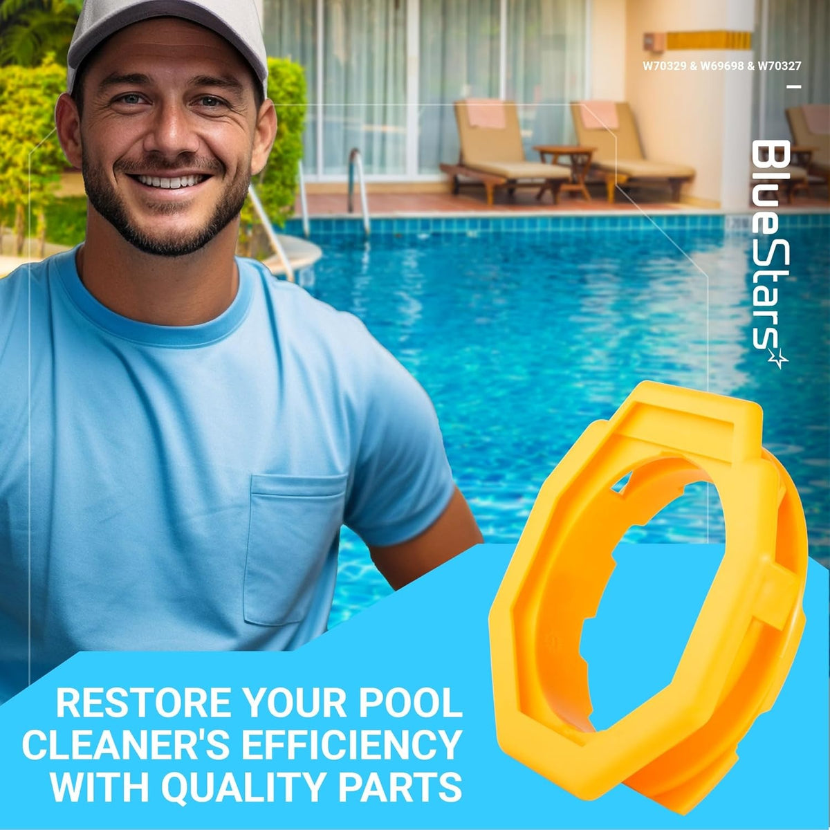 Yellow W70327 foot pad replacement for Zodiac Baracuda pool cleaners shown in promotional graphic.
