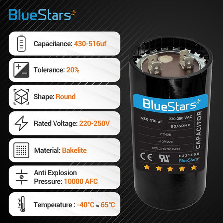 Single round start capacitor 430-516 uF 220-250 VAC with technical specification infographic.