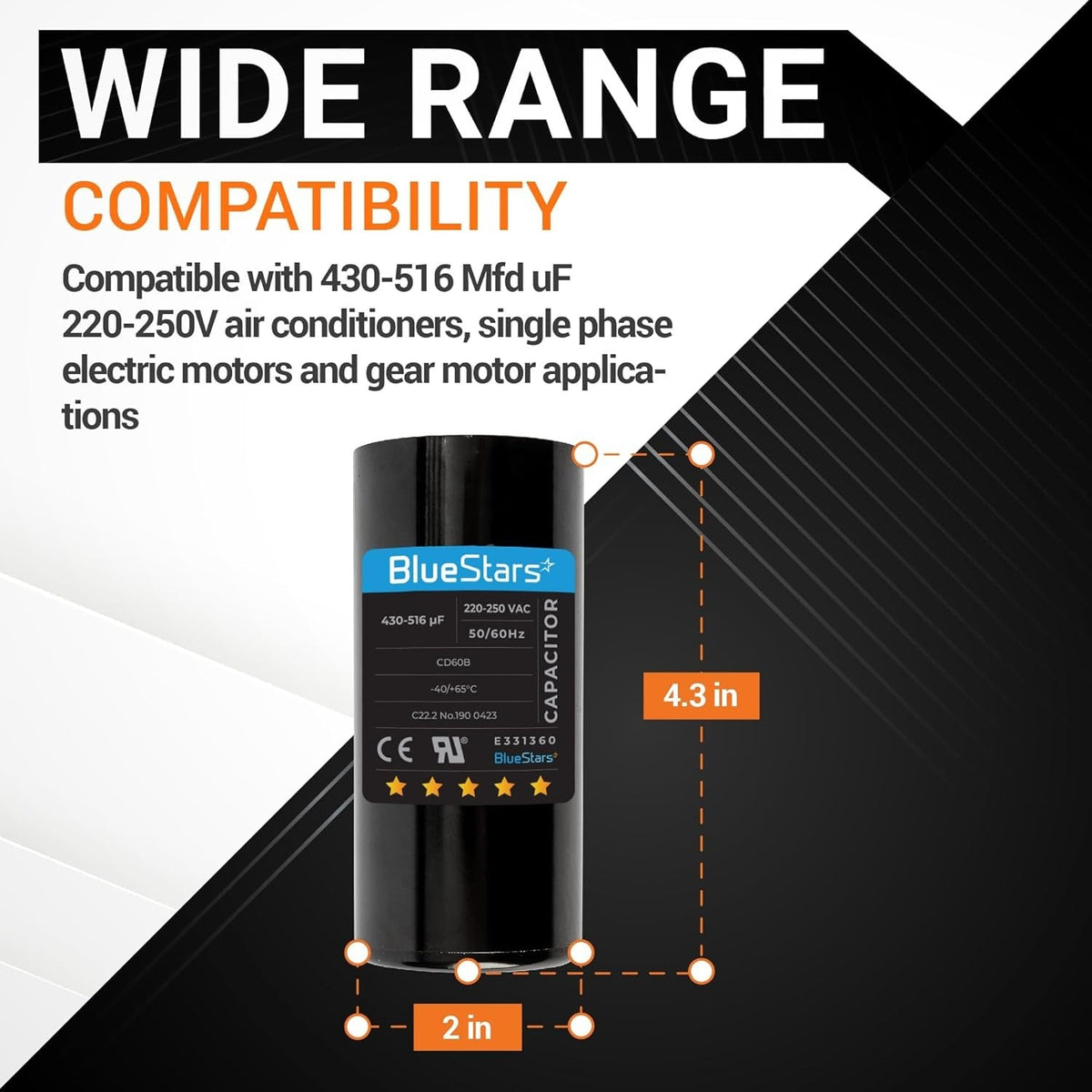 BlueStars 430-516 uF round start capacitor showing dimensions of 4.3 inches height and 2 inches diameter.
