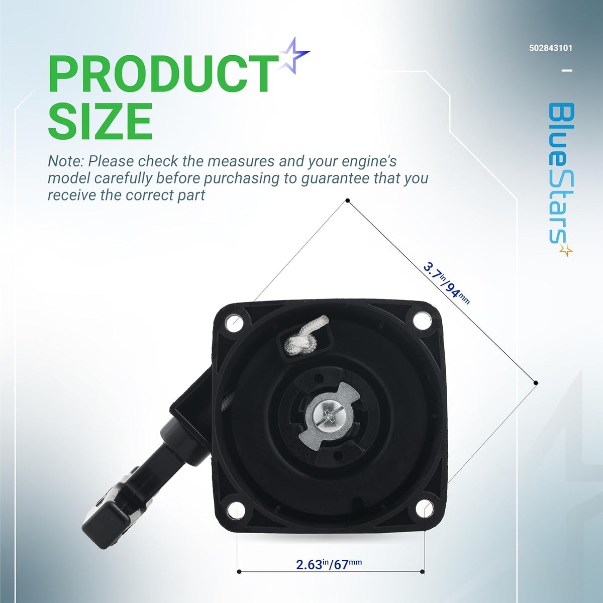 Dimensional diagram of 502843101 recoil starter pull start for Redmax and Husqvarna backpack blowers.