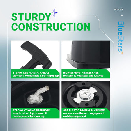 Infographic showing construction details of 502843101 recoil starter for backpack blowers, highlighting handle and pawl.