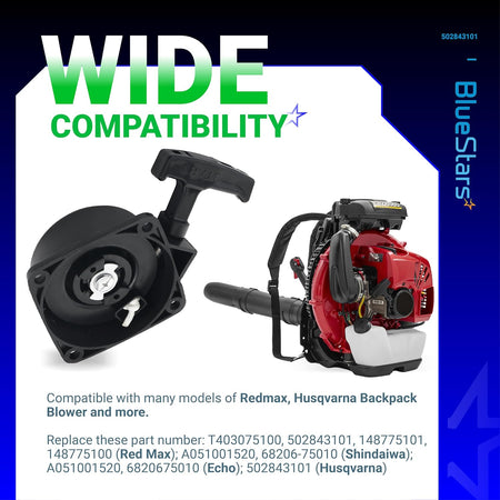Recoil starter pull start assembly for Redmax, Husqvarna, and Echo backpack blowers with compatibility graphic.