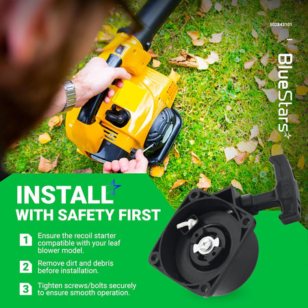 Instructional graphic showing 502843101 recoil starter pull start installation on a compatible backpack leaf blower.