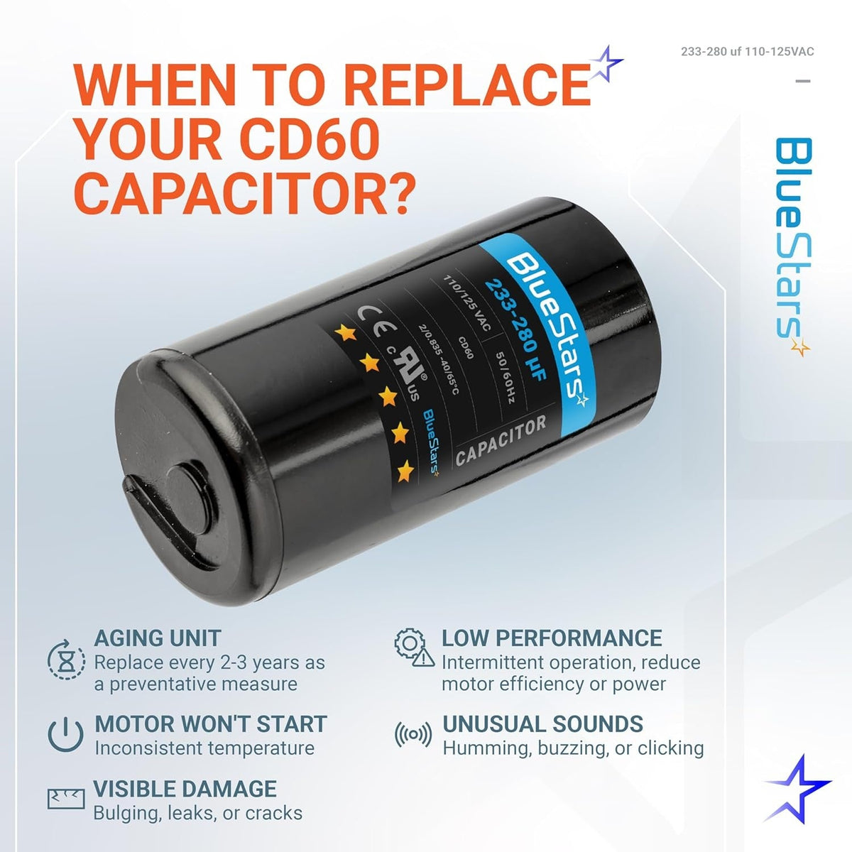 Infographic showing 233-280 uF CD60 motor start capacitor with replacement signs for pool and well pumps.