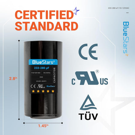 BlueStars 233-280 uF CD60 round motor start capacitor with dimensions labeled for pool and well pump compatibility.