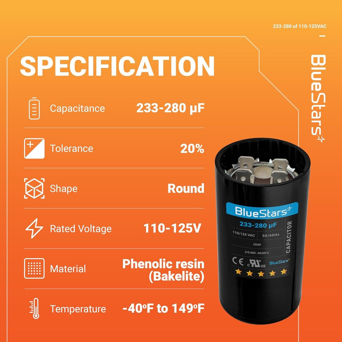 Specification chart for 233-280 uF 110-125 VAC CD60 round motor start capacitor with technical details.
