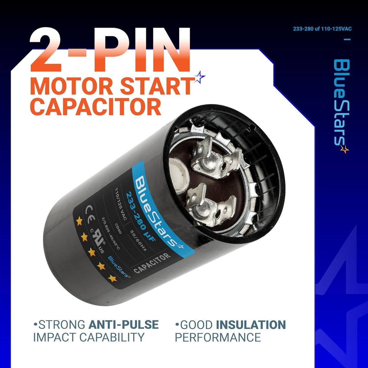 BlueStars 233-280 uF 110-125 VAC 2-pin round motor start capacitor for pool and well pumps.