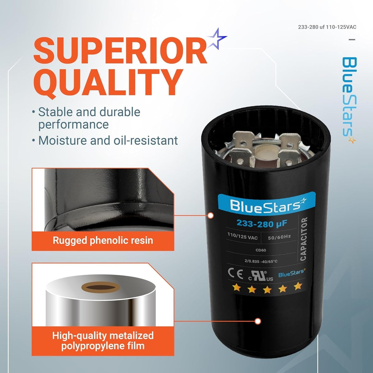 BlueStars 233-280 uF 110-125 VAC round motor start capacitor with phenolic resin casing and metalized film construction.