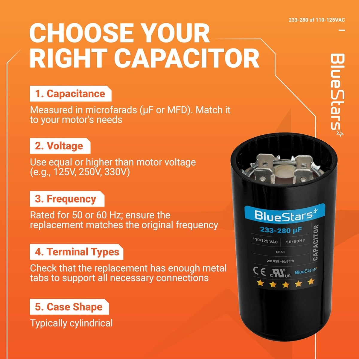 Infographic showing how to choose a 233-280 uF 110-125 VAC round motor start capacitor for pool and well pumps.