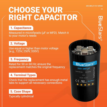Infographic showing how to choose a 233-280 uF 110-125 VAC round motor start capacitor for pool and well pumps.