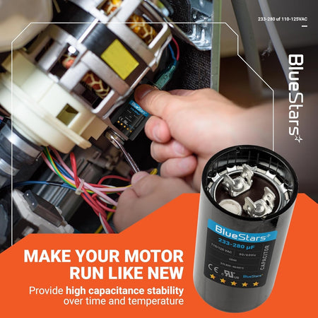 BlueStars 233-280 uF 110-125 VAC round motor start capacitor shown with installation context and terminal view.