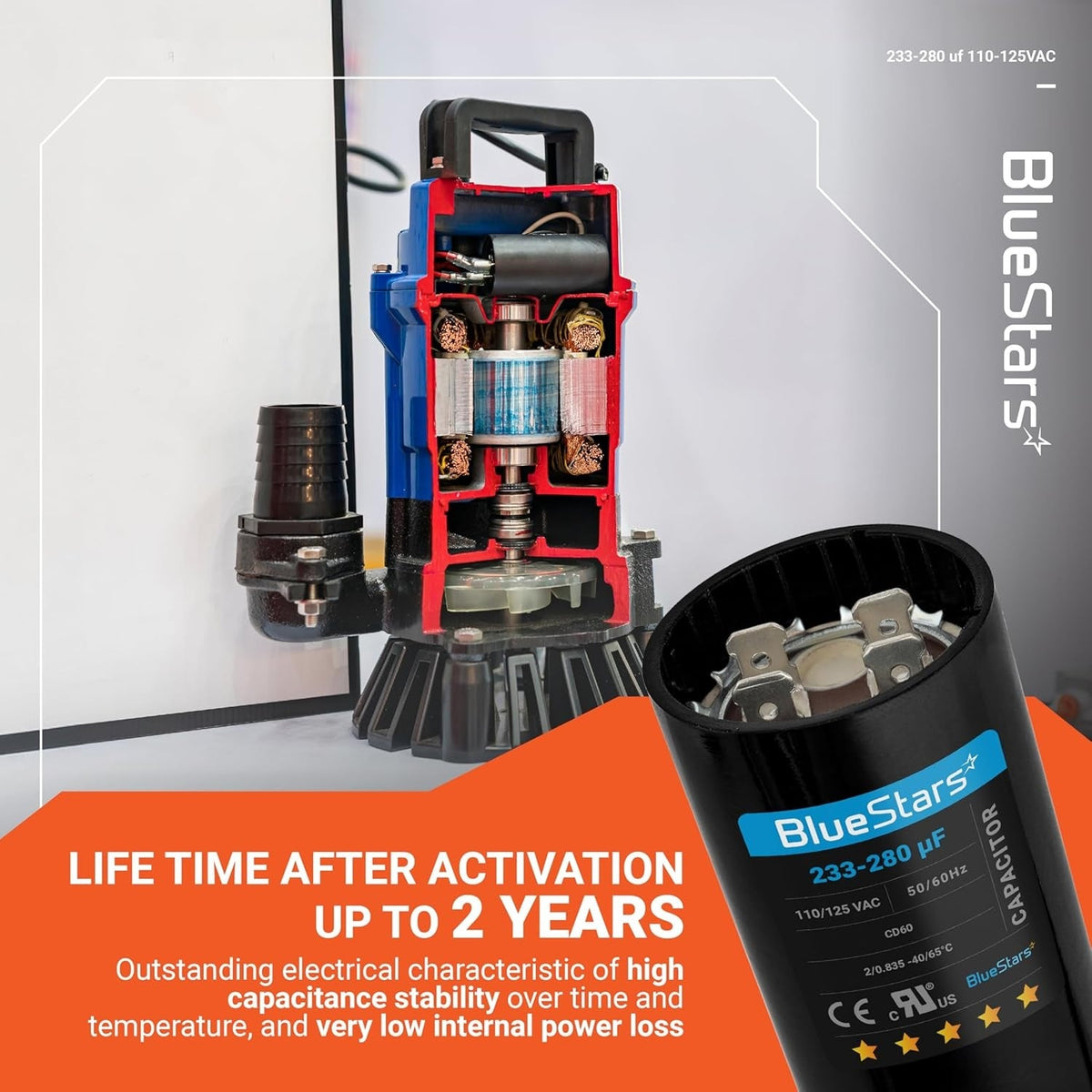 233-280 uF 110-125 VAC CD60 round motor start capacitor for pool and well pumps shown with a cross-section pump view.
