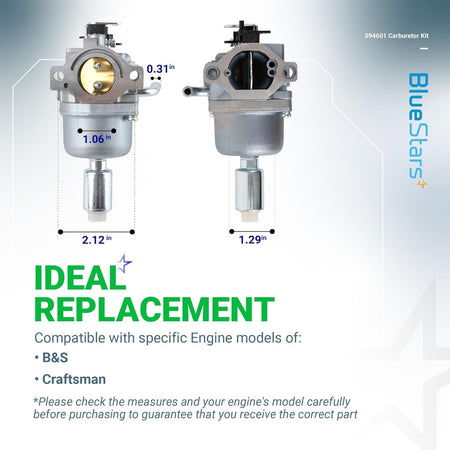 594601 carburetor replacement for B&S and Craftsman engines showing dimensional measurements for compatibility.